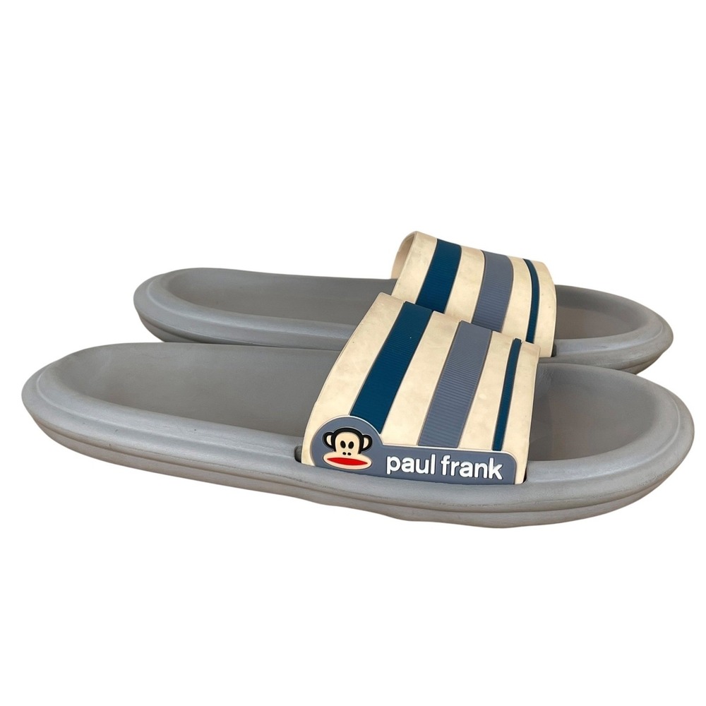 Paul Frank Julius Monkey Striped Slide‎ Sandals Mens 10-11 Gray Blue Retro Pool